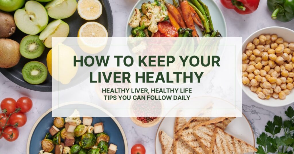 Illustration showing a healthy human liver and lifestyle habits for liver care